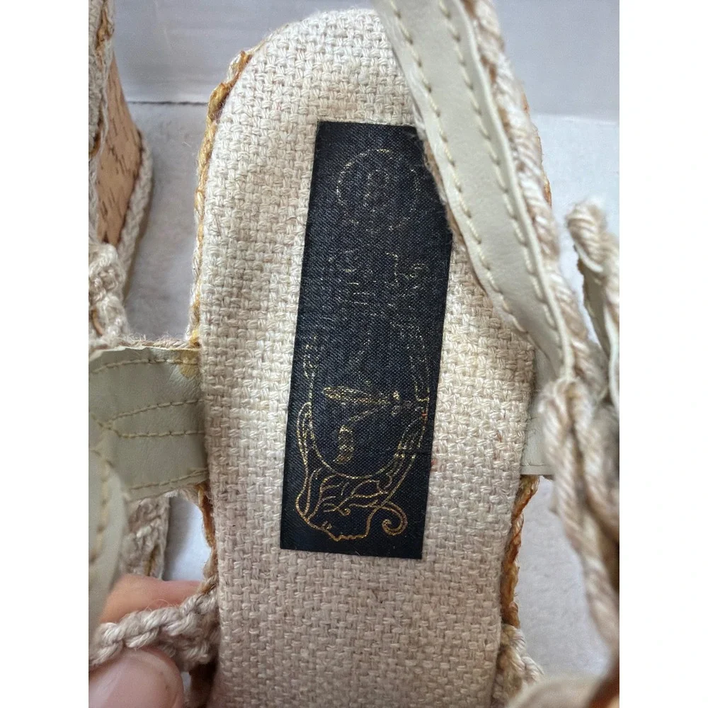VTG NOS Macrame Wedge Sandals Women Beige‎ Cork Heel Boho Strappy Woven Size 8